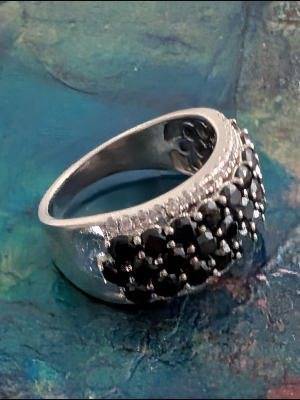 Elegant Black Spinel Pavé Band Ring With Clear CZ's Sterling Silver Ring Size 9 - Picture 8 of 11